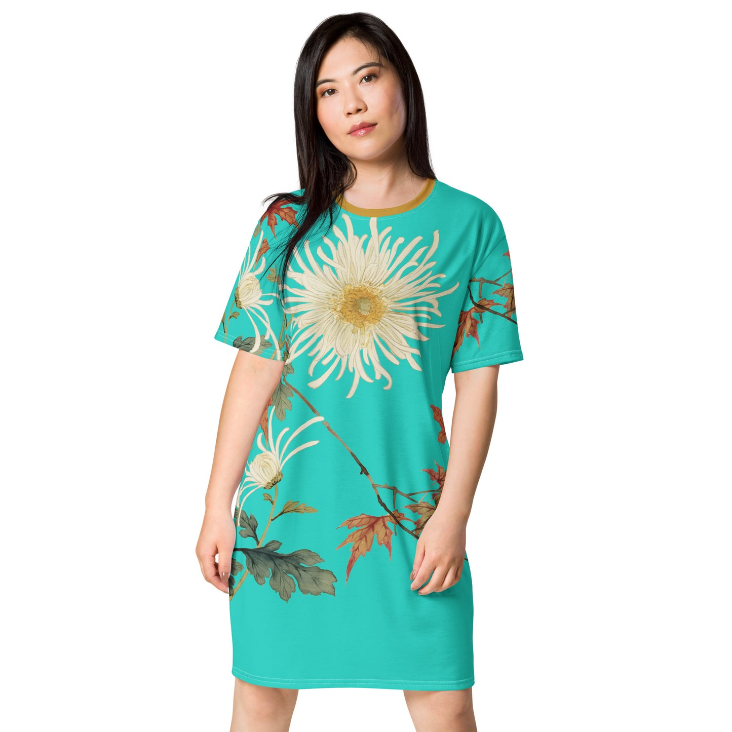 The Spirit of Flowers in Twelve Months｜Blooming Chrysanthemum and Maple Leaves｜T-shirt dress｜Turquoise