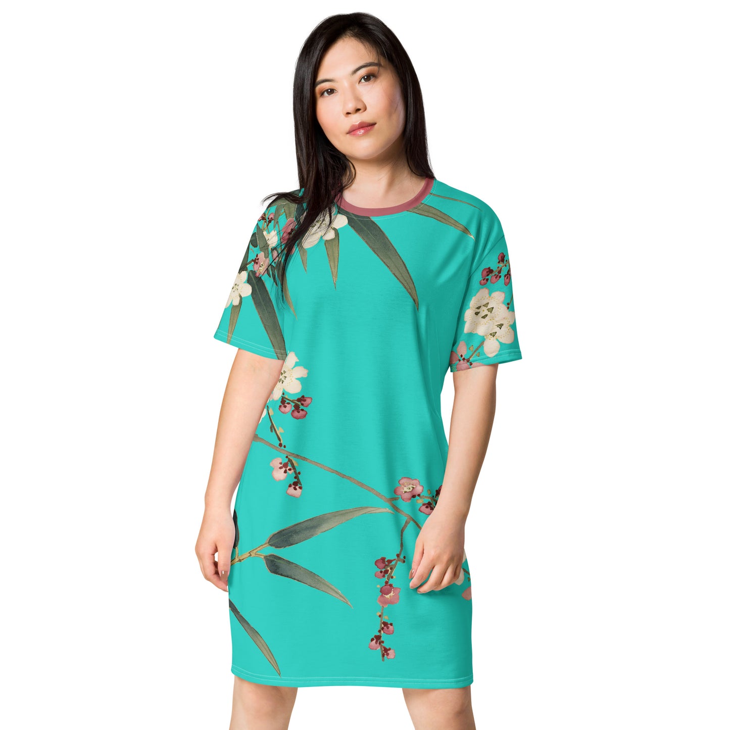 The Spirit of Flowers in Twelve Months｜Crimson Plum Blossom and Lush Green Bamboo｜T-shirt dress｜Turquoise