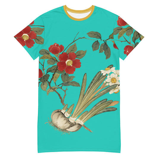 The Spirit of Flowers in Twelve Months｜Narcissus and Camelia in Bloom｜T-shirt dress｜Turquoise