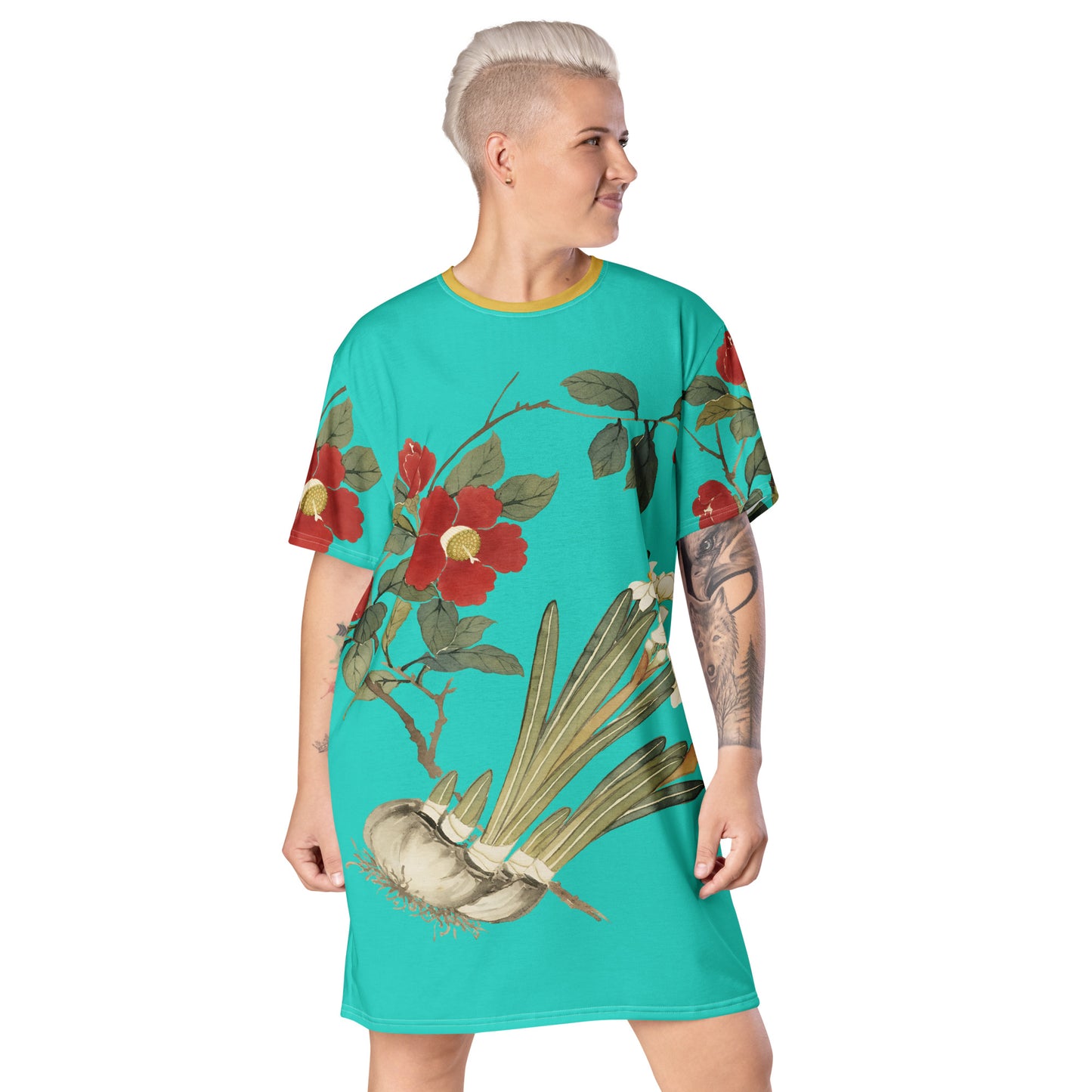 The Spirit of Flowers in Twelve Months｜Narcissus and Camelia in Bloom｜T-shirt dress｜Turquoise