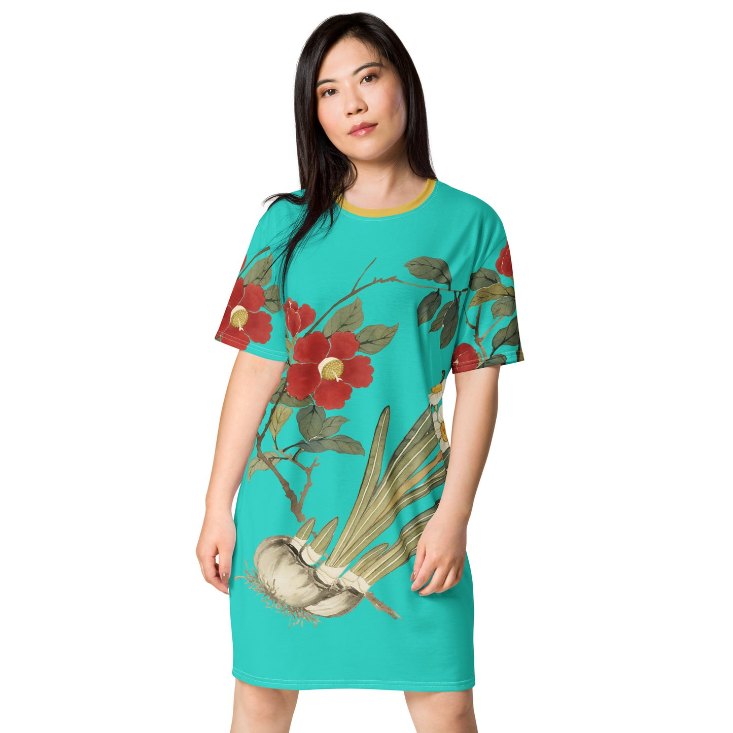 The Spirit of Flowers in Twelve Months｜Narcissus and Camelia in Bloom｜T-shirt dress｜Turquoise