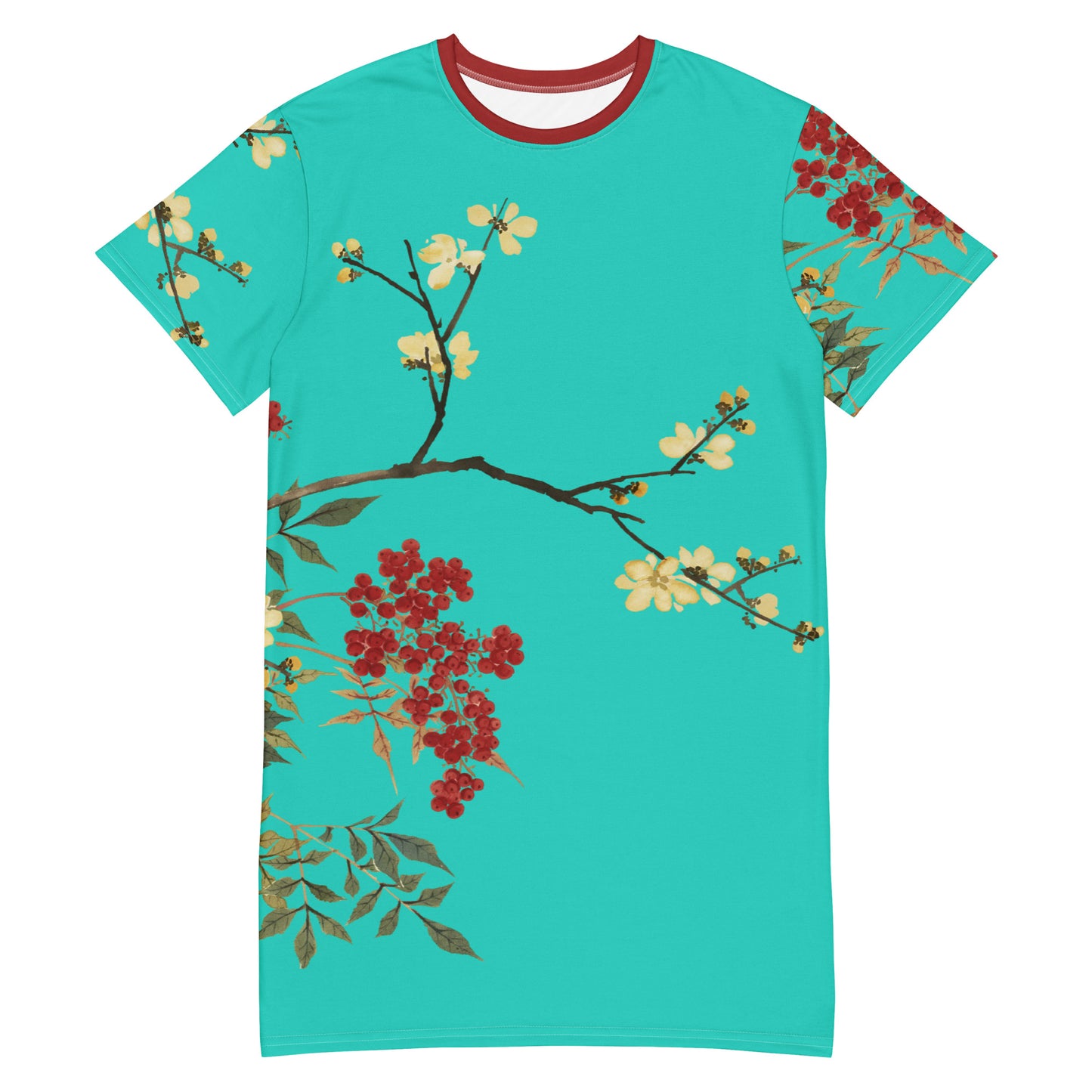 The Spirit of Flowers in Twelve Months｜Blooming Wintersweet and Heavenly Bamboo｜T-shirt dress｜Turquoise