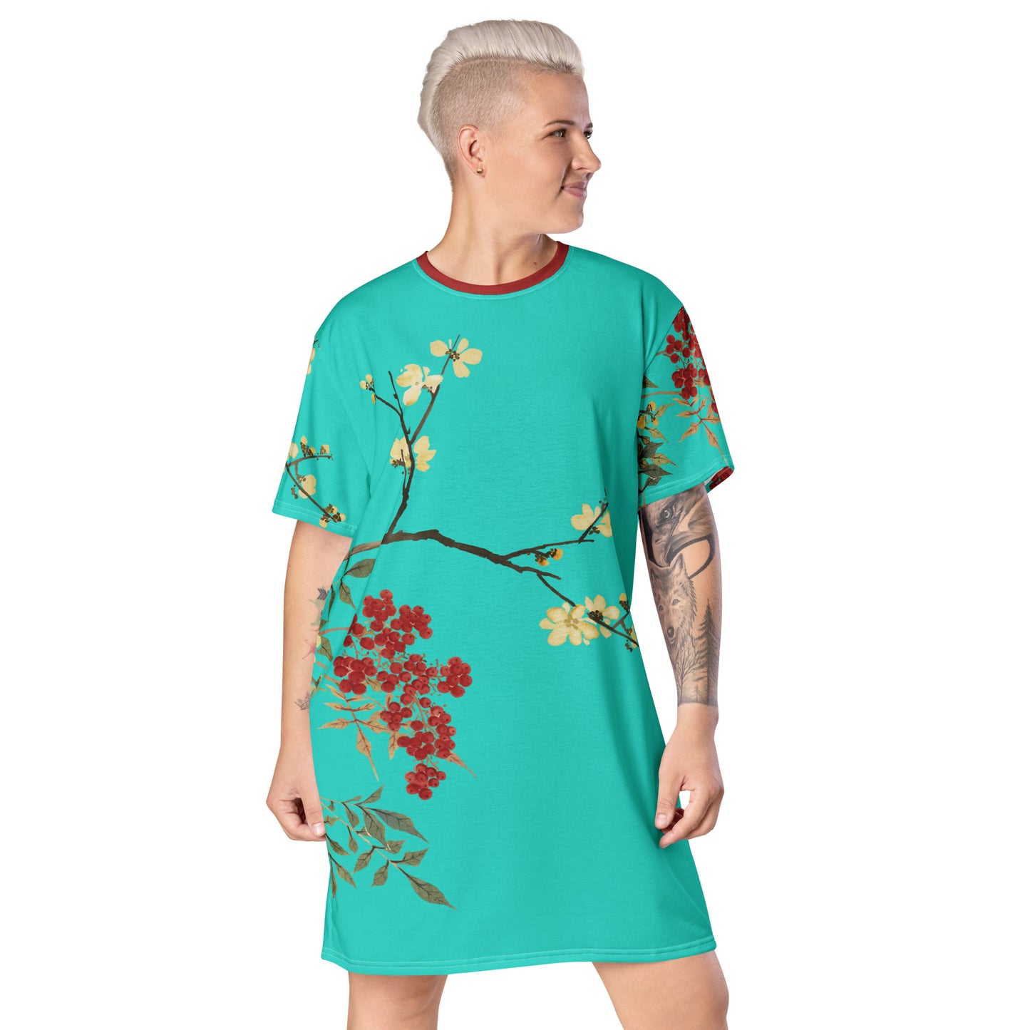 The Spirit of Flowers in Twelve Months｜Blooming Wintersweet and Heavenly Bamboo｜T-shirt dress｜Turquoise