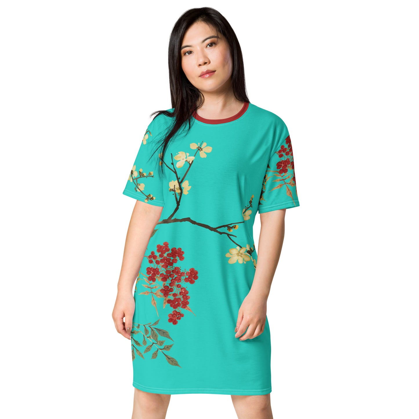 The Spirit of Flowers in Twelve Months｜Blooming Wintersweet and Heavenly Bamboo｜T-shirt dress｜Turquoise