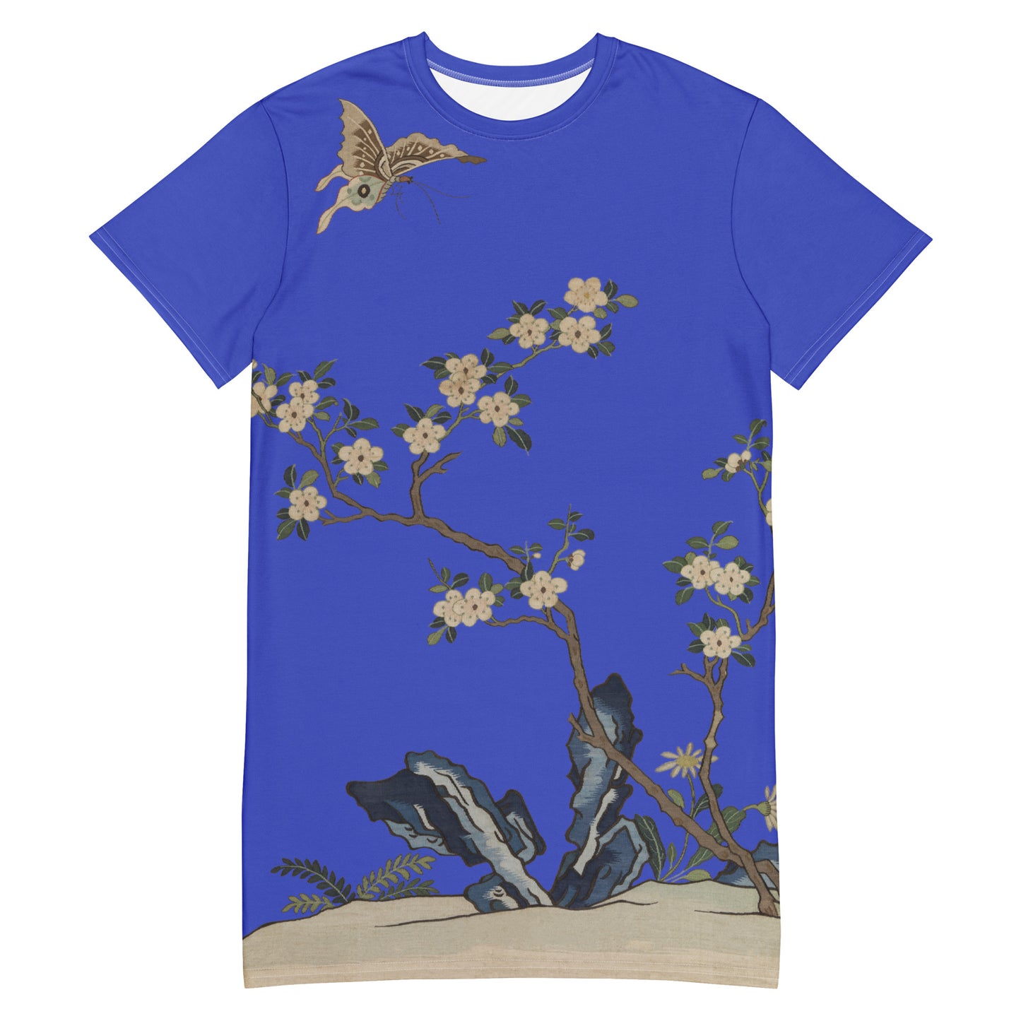 Kesi Flower Album｜White Plum Blossoms and Butterfly｜T-shirt dress｜Royal blue