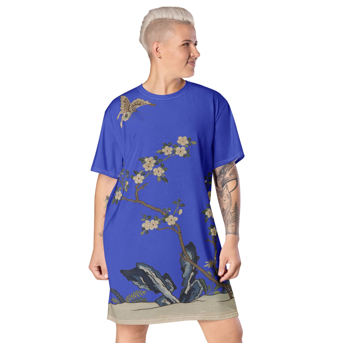 Kesi Flower Album｜White Plum Blossoms and Butterfly｜T-shirt dress｜Royal blue