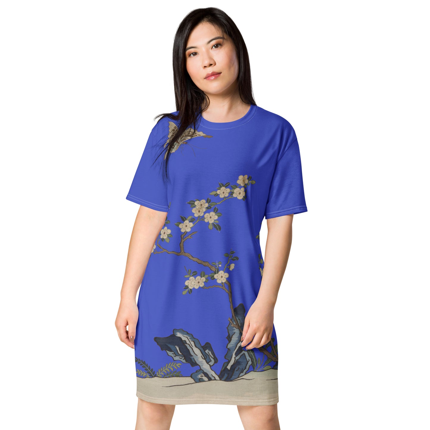 Kesi Flower Album｜White Plum Blossoms and Butterfly｜T-shirt dress｜Royal blue