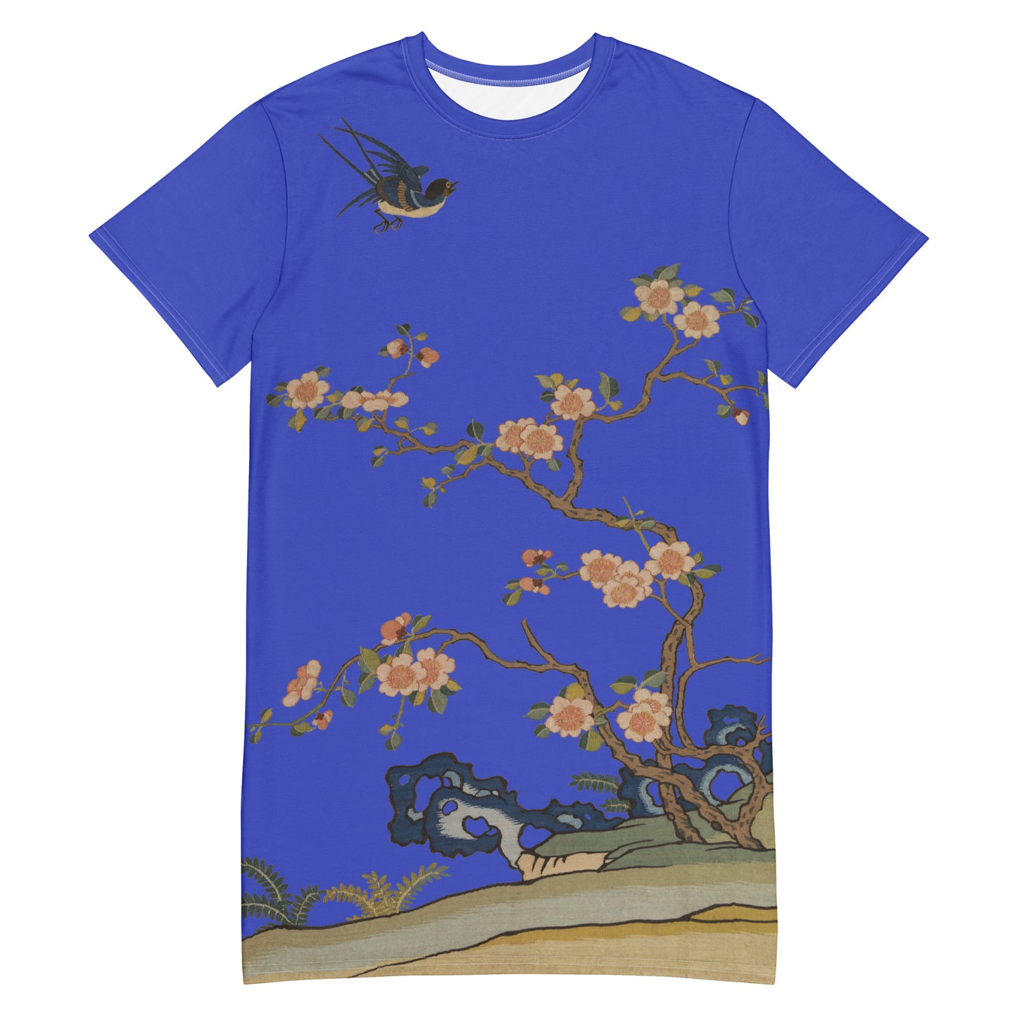 Kesi Flower Album｜Swallow in Flight, Harbinger of Spring｜T-shirt dress｜Royal blue