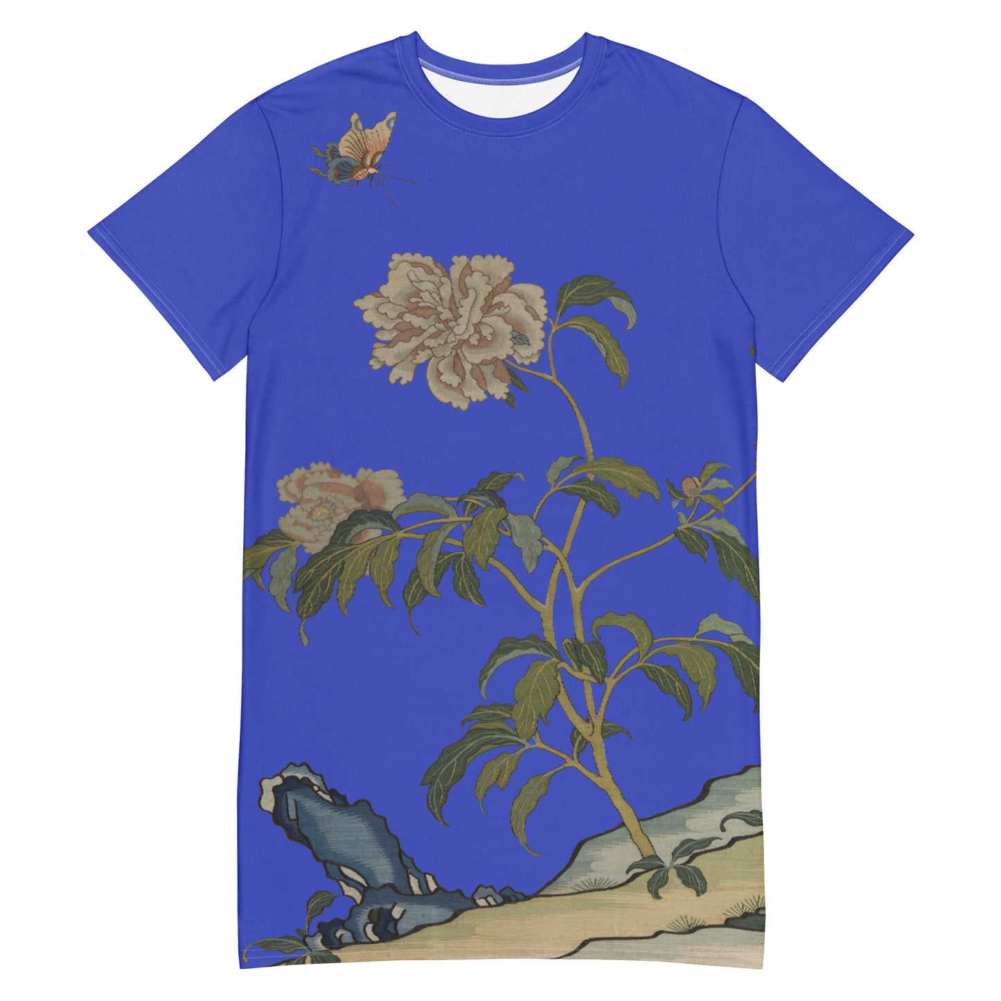 タペストリーの花｜牡丹と蝶｜Tシャツドレス｜ロイヤルブルー