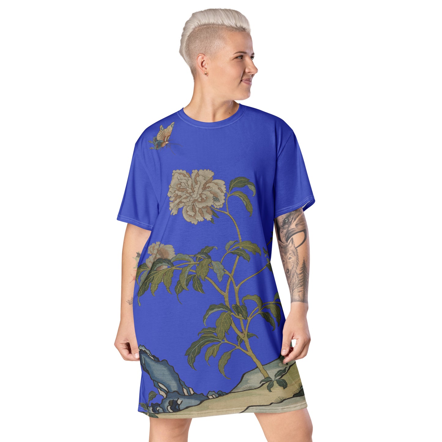 Kesi Flower Album｜Peonies and Butterfly｜T-shirt dress｜Royal blue