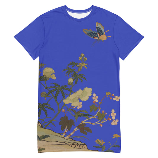 Kesi Flower Album｜Hibiscus and Begonia Blossoms｜T-shirt dress｜Royal blue