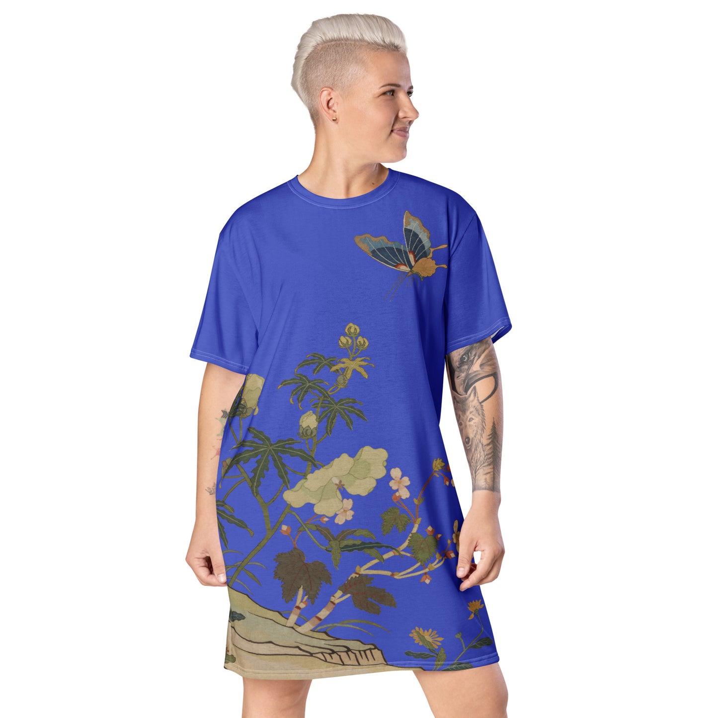 Kesi Flower Album｜Hibiscus and Begonia Blossoms｜T-shirt dress｜Royal blue