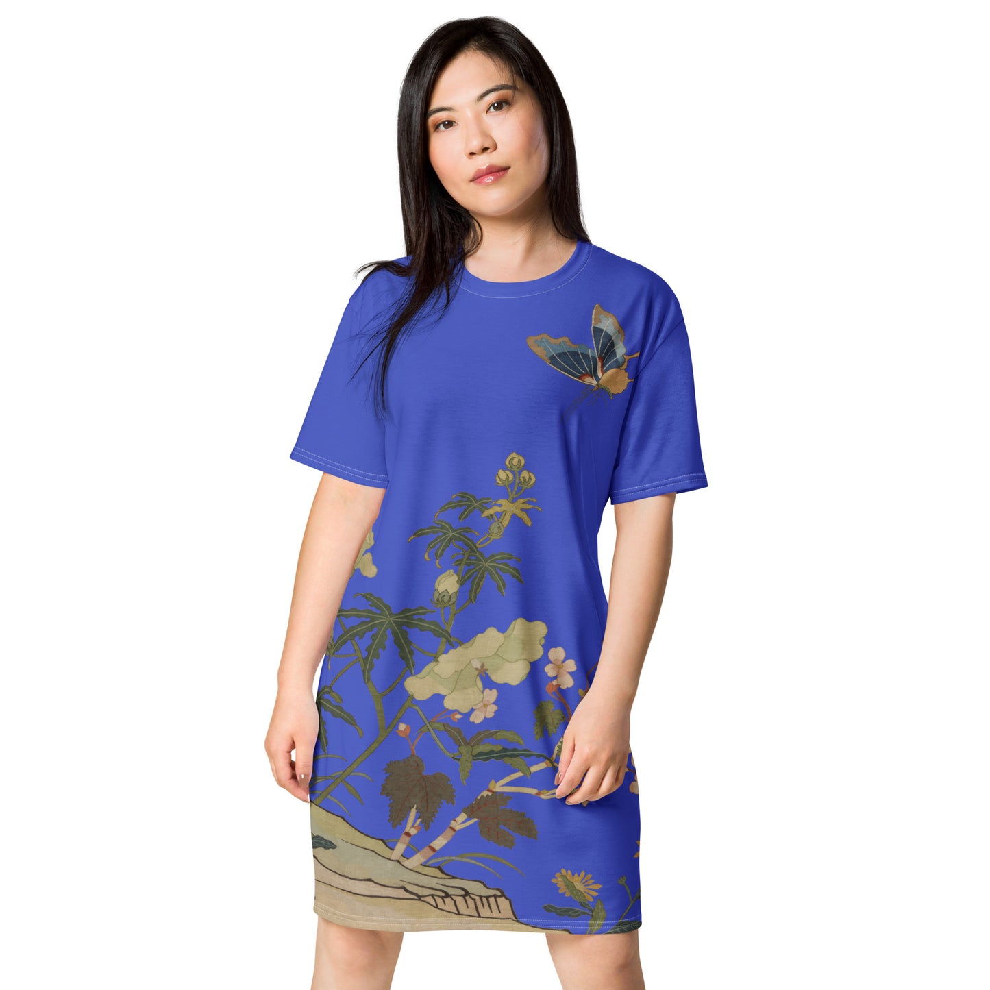 Kesi Flower Album｜Hibiscus and Begonia Blossoms｜T-shirt dress｜Royal blue