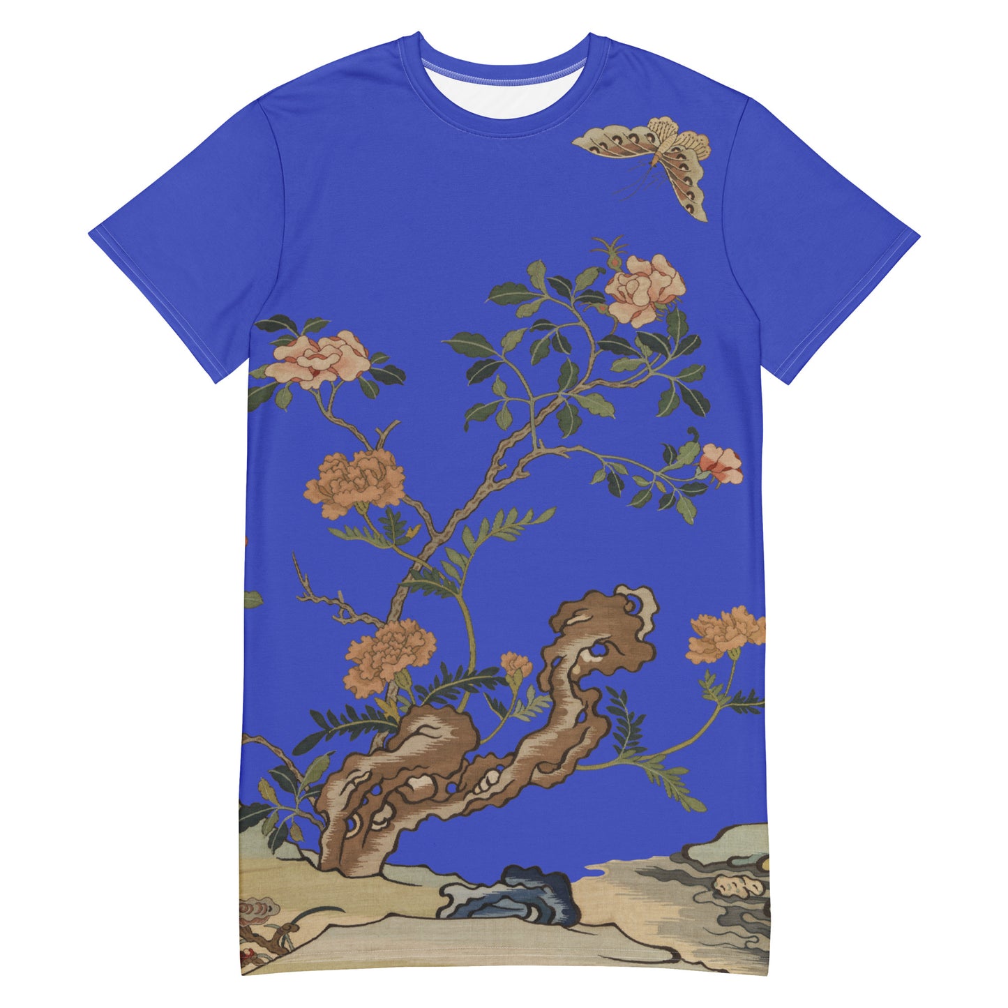 タペストリーの花｜椿と蝶｜Tシャツドレス｜ロイヤルブルー