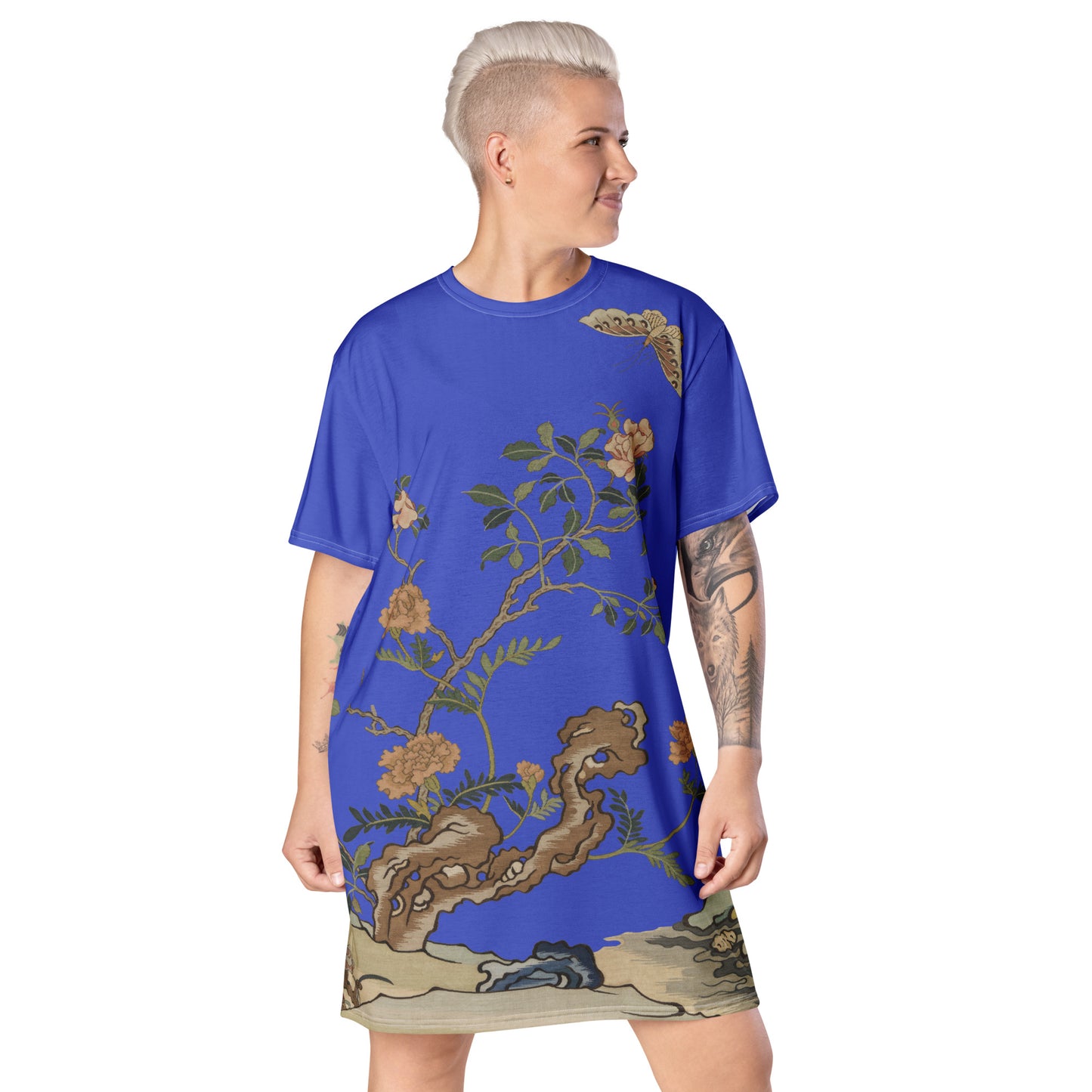 Kesi Flower Album｜Camellia and Butterfly｜T-shirt dress｜Royal blue