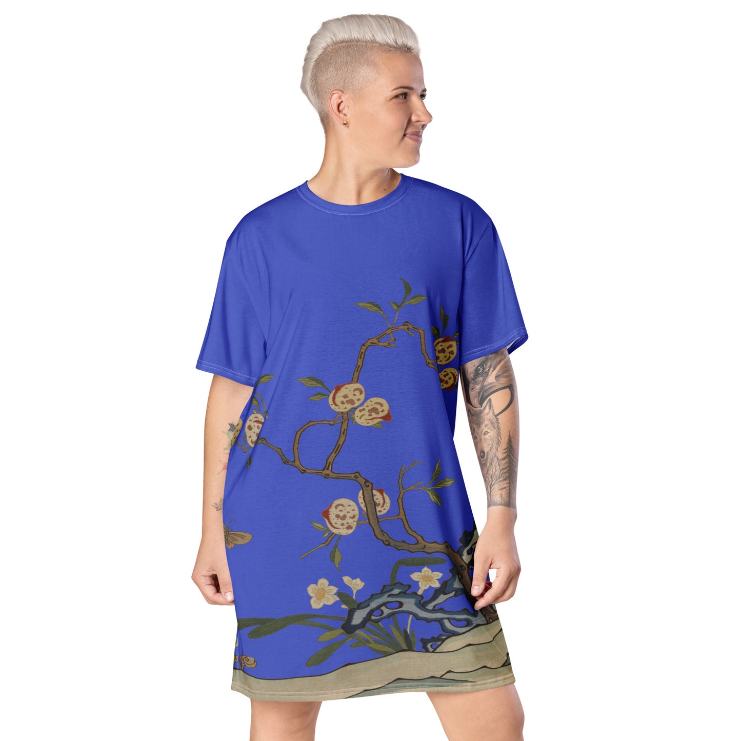 Kesi Flower Album｜Narcissus and Peaches｜T-shirt dress｜Royal blue