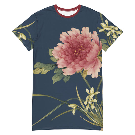 The Spirit of Flowers in Twelve Months｜Orchid and Tree Peony in Bloom｜T-shirt dress｜Dark blue