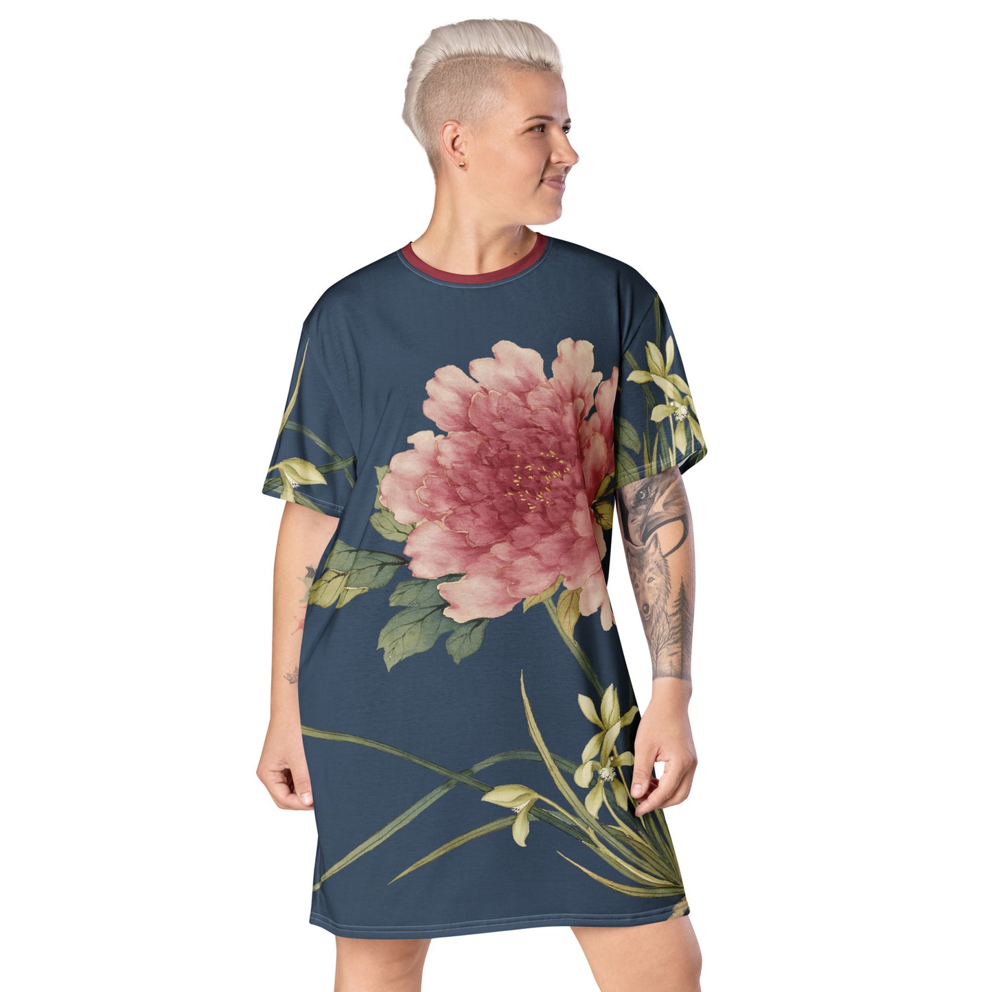 The Spirit of Flowers in Twelve Months｜Orchid and Tree Peony in Bloom｜T-shirt dress｜Dark blue