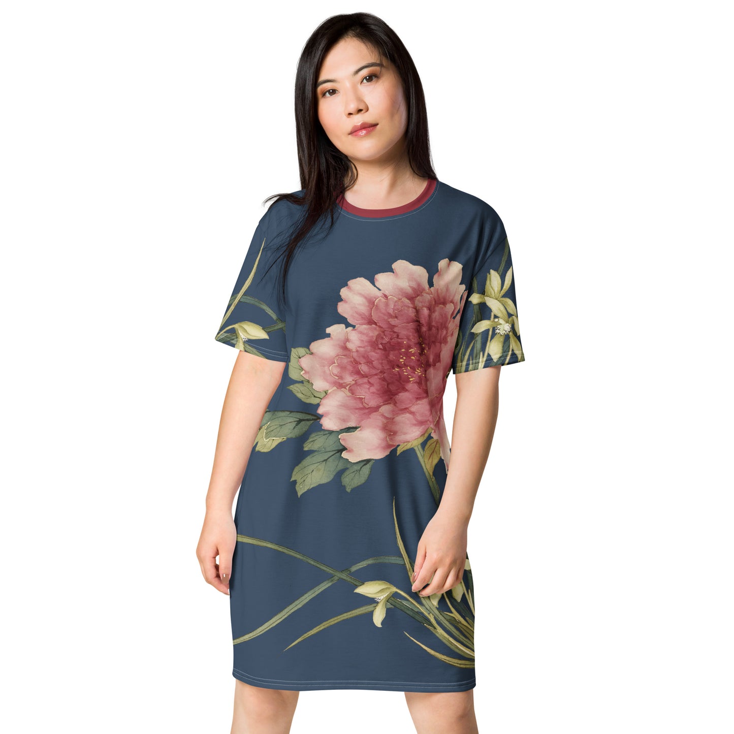 The Spirit of Flowers in Twelve Months｜Orchid and Tree Peony in Bloom｜T-shirt dress｜Dark blue