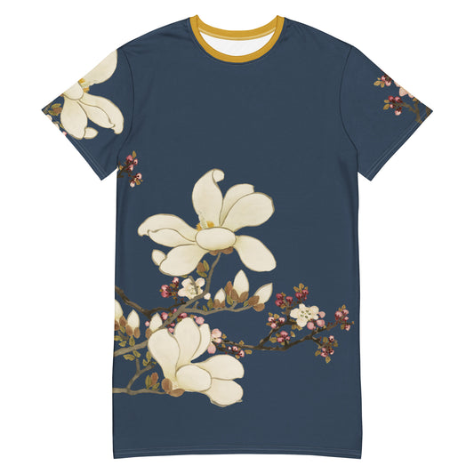 The Spirit of Flowers in Twelve Months｜Apricot and Lily Magnolia in Blossom｜T-shirt dress｜Dark blue