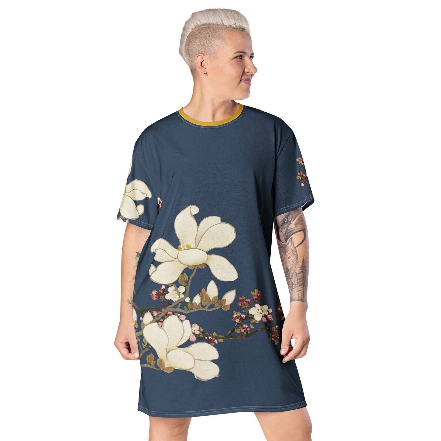 The Spirit of Flowers in Twelve Months｜Apricot and Lily Magnolia in Blossom｜T-shirt dress｜Dark blue