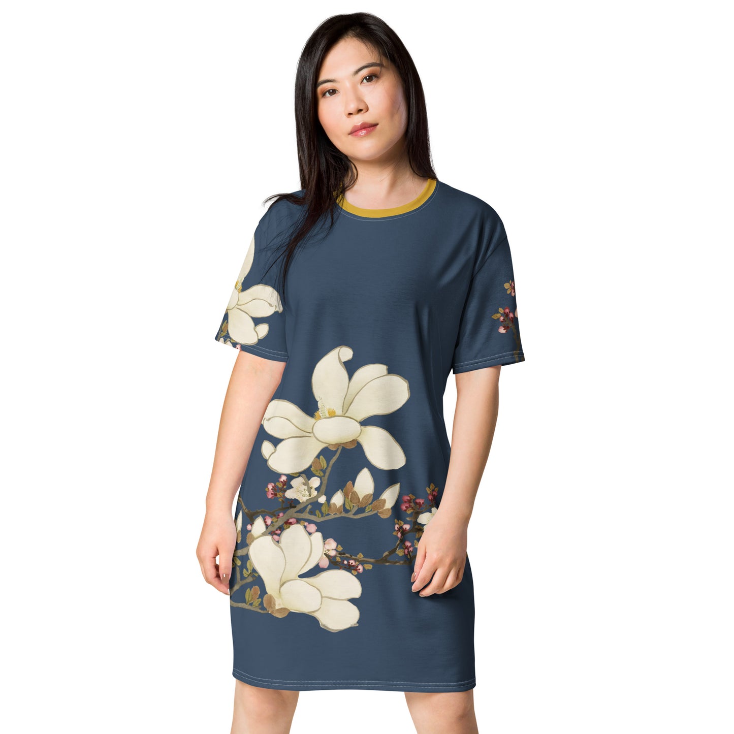 The Spirit of Flowers in Twelve Months｜Apricot and Lily Magnolia in Blossom｜T-shirt dress｜Dark blue