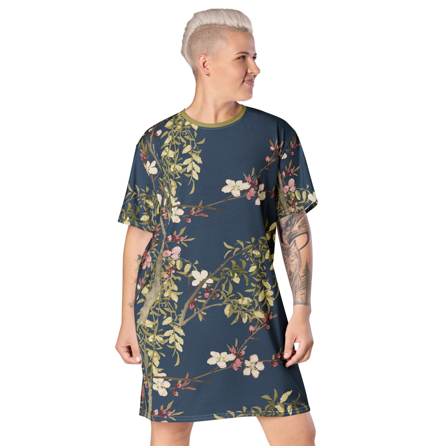 The Spirit of Flowers in Twelve Months｜Willow and Peach Blossom｜T-shirt dress｜Dark blue