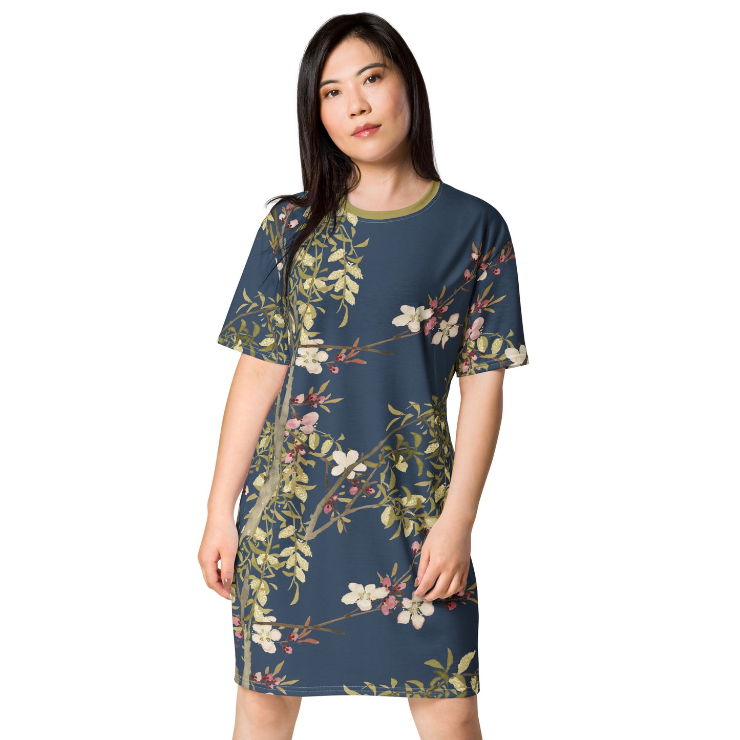 The Spirit of Flowers in Twelve Months｜Willow and Peach Blossom｜T-shirt dress｜Dark blue