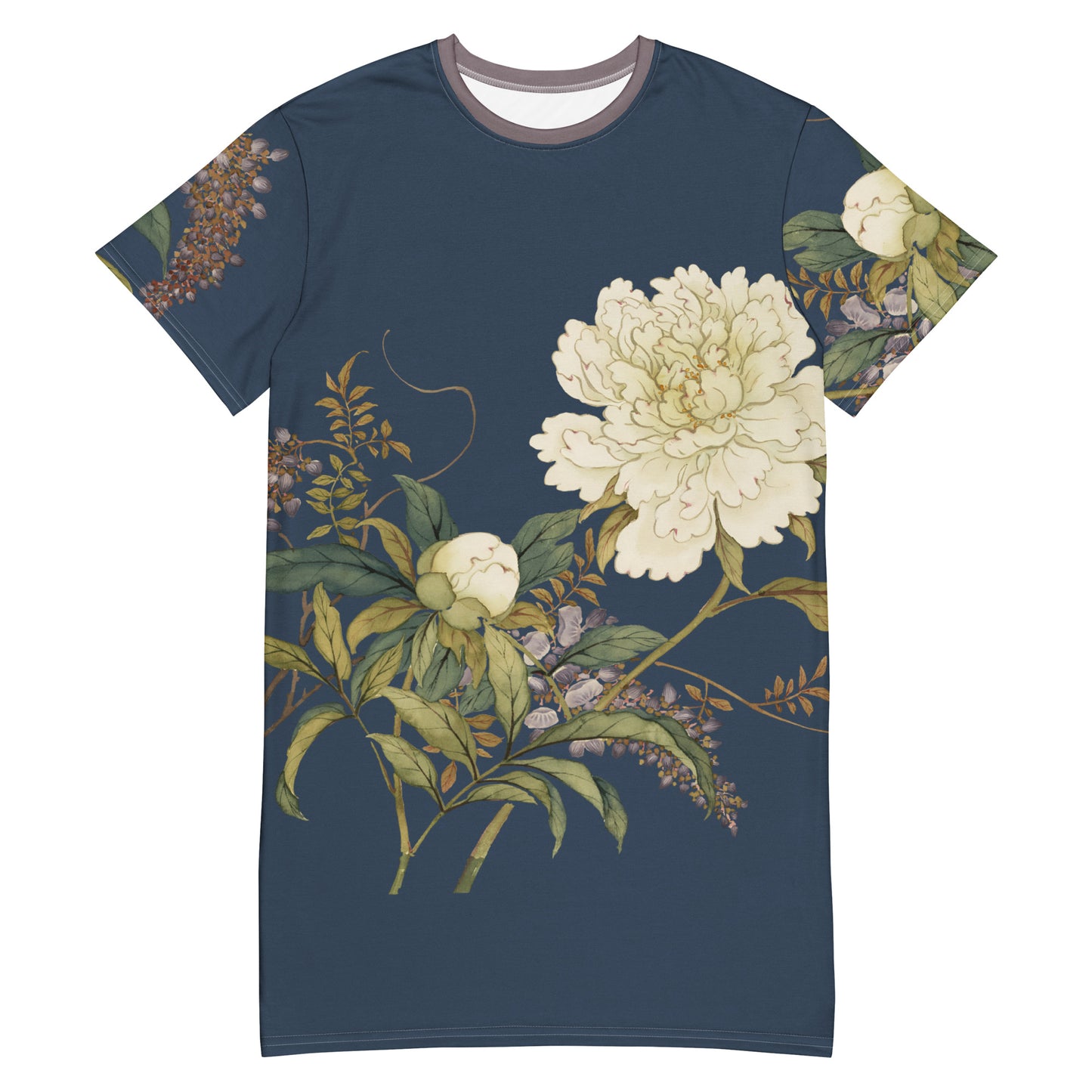 12月の花神様｜Chinese Peony and Wisteria in Bloom｜Tシャツドレス｜Dark blue