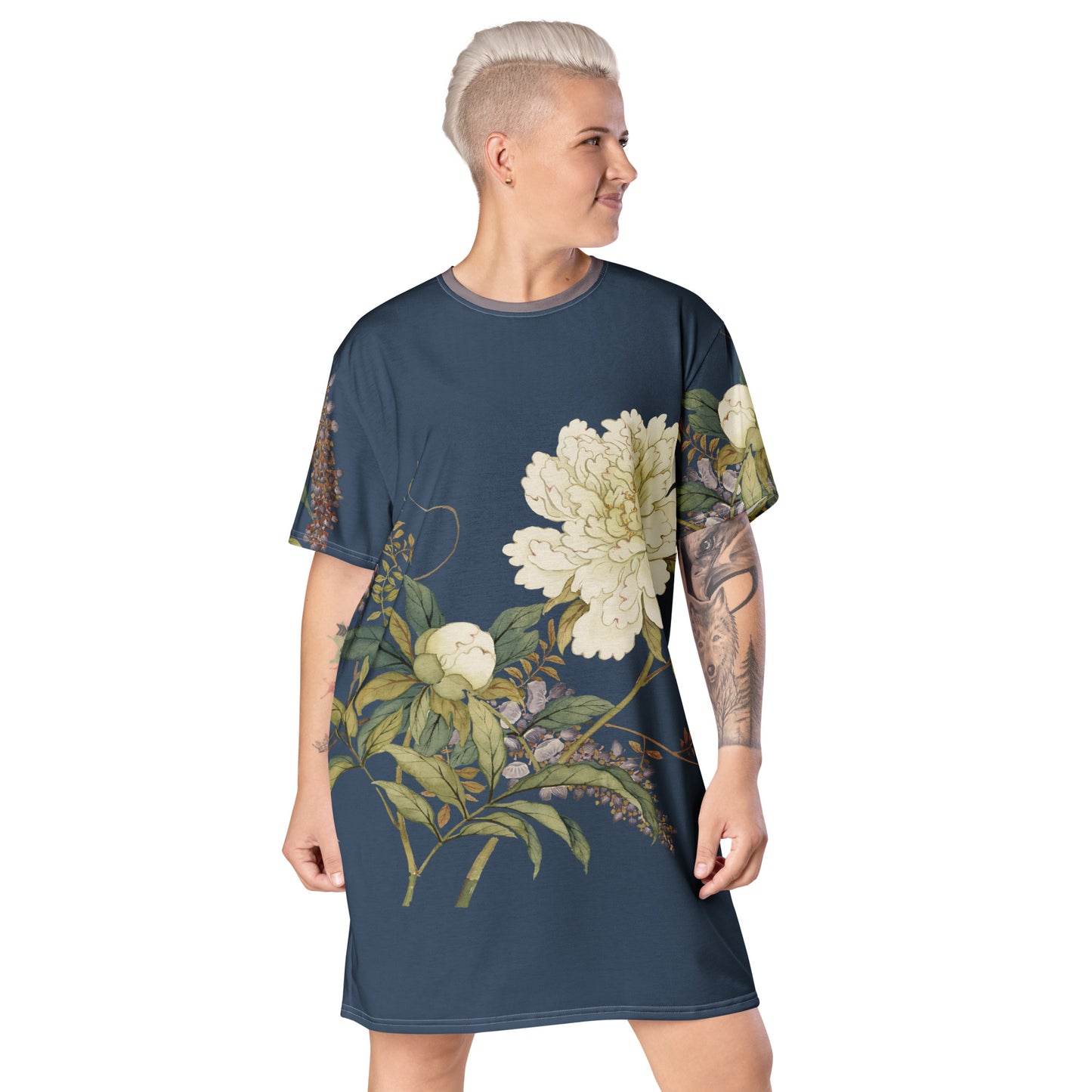 The Spirit of Flowers in Twelve Months｜Chinese Peony and Wisteria in Bloom｜T-shirt dress｜Dark blue