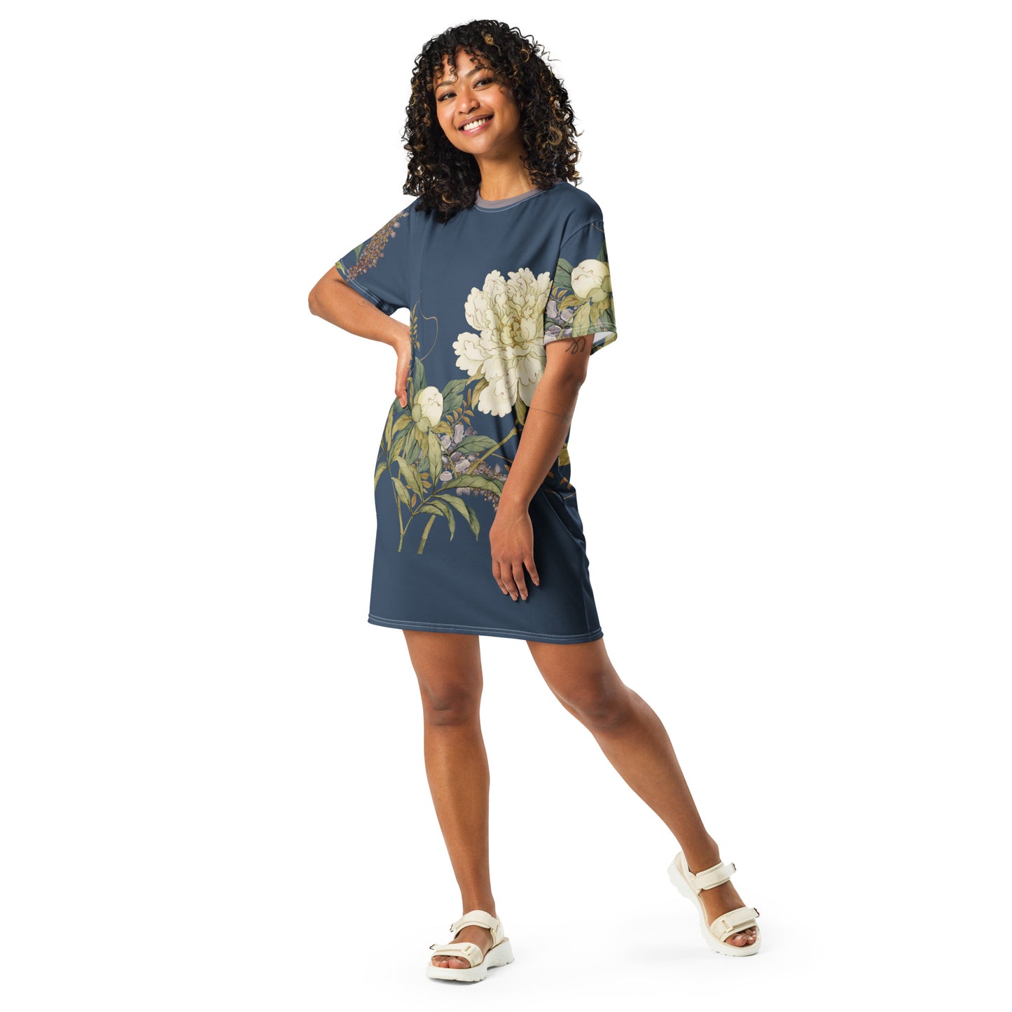 The Spirit of Flowers in Twelve Months｜Chinese Peony and Wisteria in Bloom｜T-shirt dress｜Dark blue