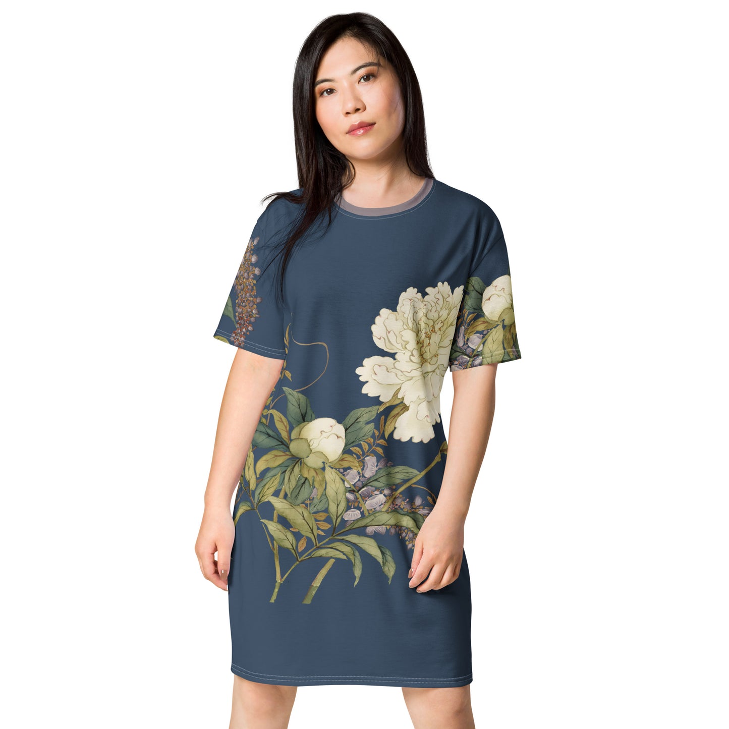 12月の花神様｜Chinese Peony and Wisteria in Bloom｜Tシャツドレス｜Dark blue