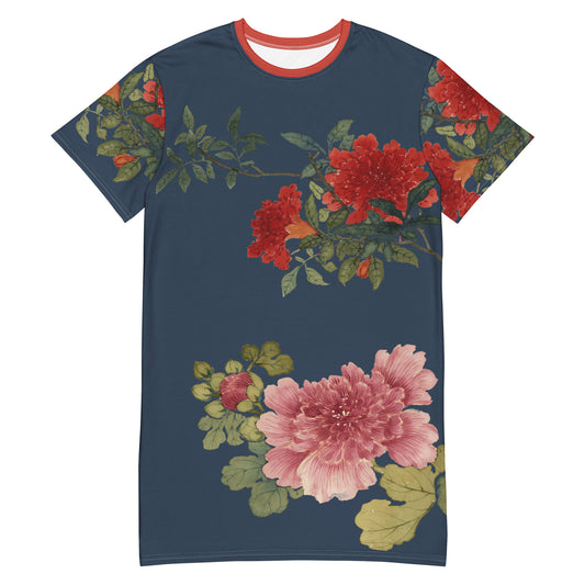 The Spirit of Flowers in Twelve Months｜Hollyhock and Pomegranate in Bloom｜T-shirt dress｜Dark blue