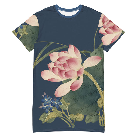 The Spirit of Flowers in Twelve Months｜Lotus in Bloom｜T-shirt dress｜Dark blue