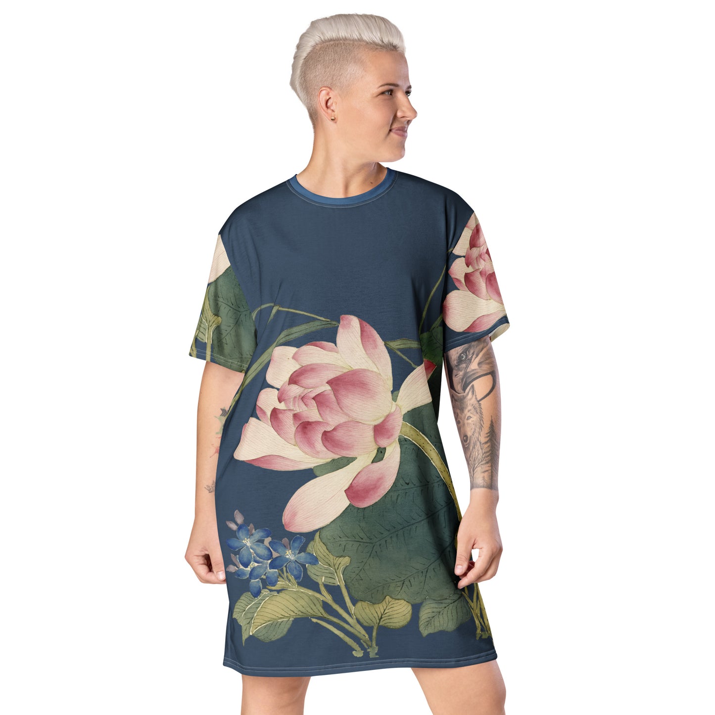 The Spirit of Flowers in Twelve Months｜Lotus in Bloom｜T-shirt dress｜Dark blue