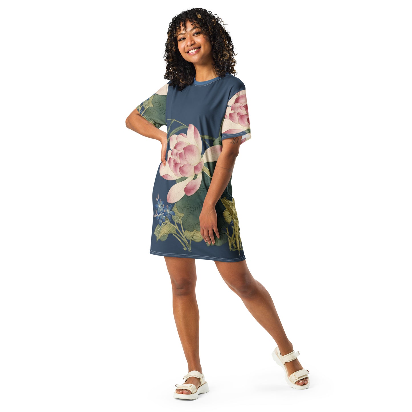 The Spirit of Flowers in Twelve Months｜Lotus in Bloom｜T-shirt dress｜Dark blue