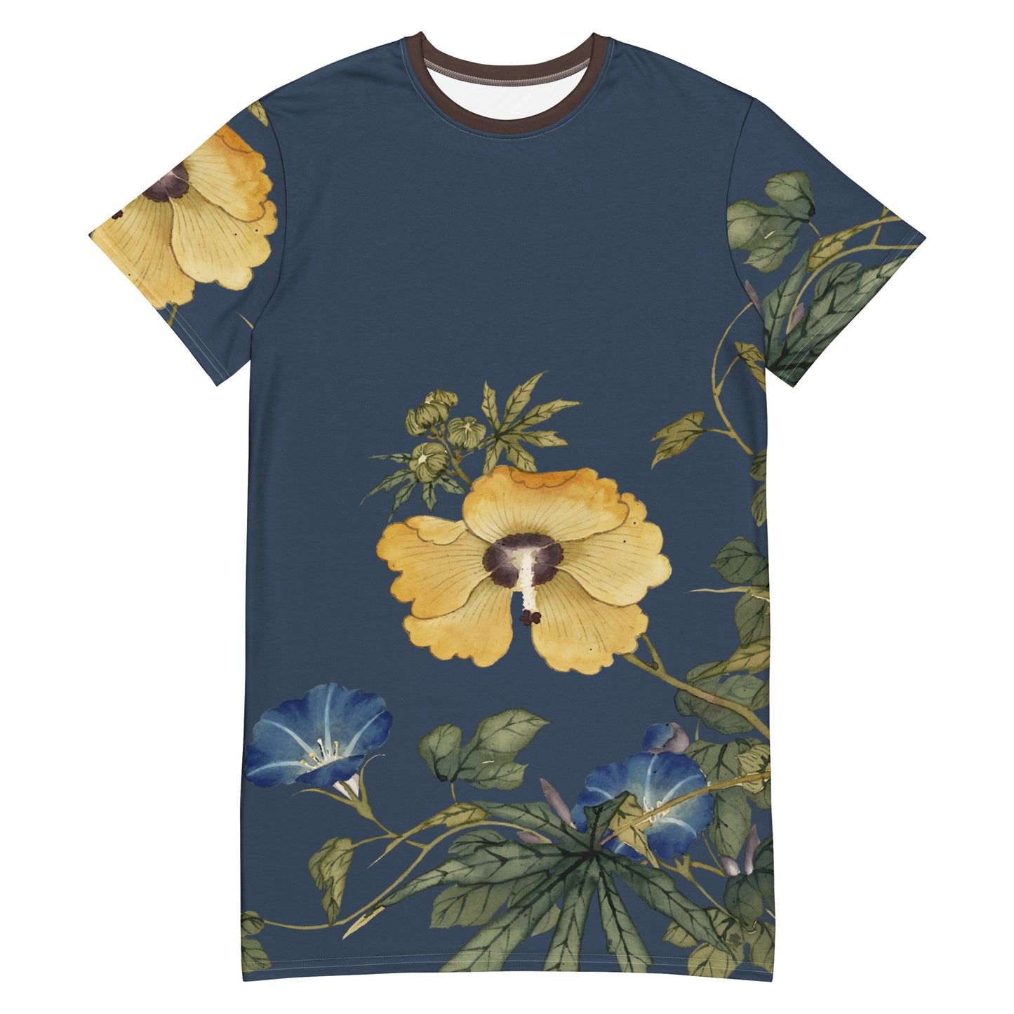 The Spirit of Flowers in Twelve Months｜Okra and White-edged Morning Glory in Bloom｜T-shirt dress｜Dark blue