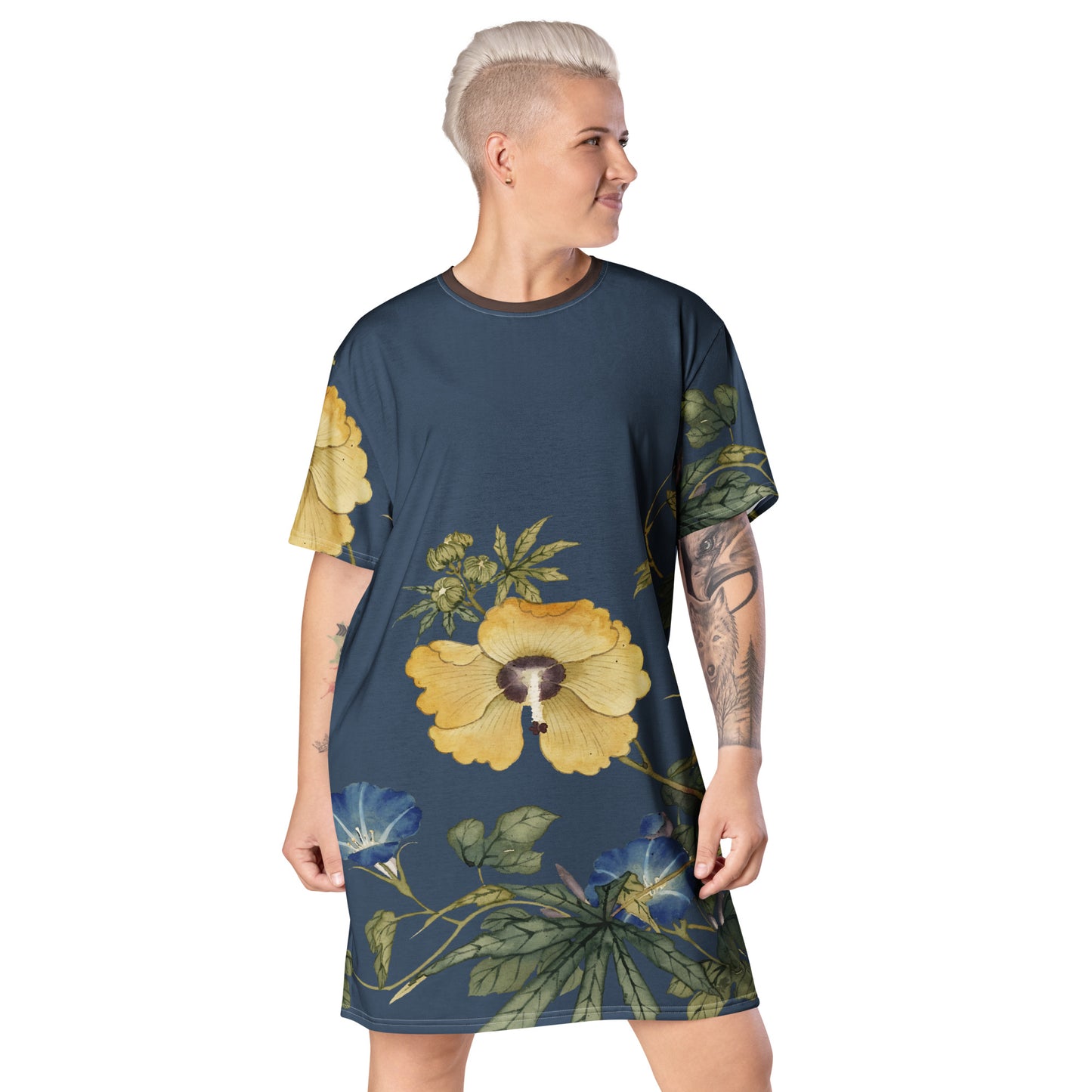 The Spirit of Flowers in Twelve Months｜Okra and White-edged Morning Glory in Bloom｜T-shirt dress｜Dark blue