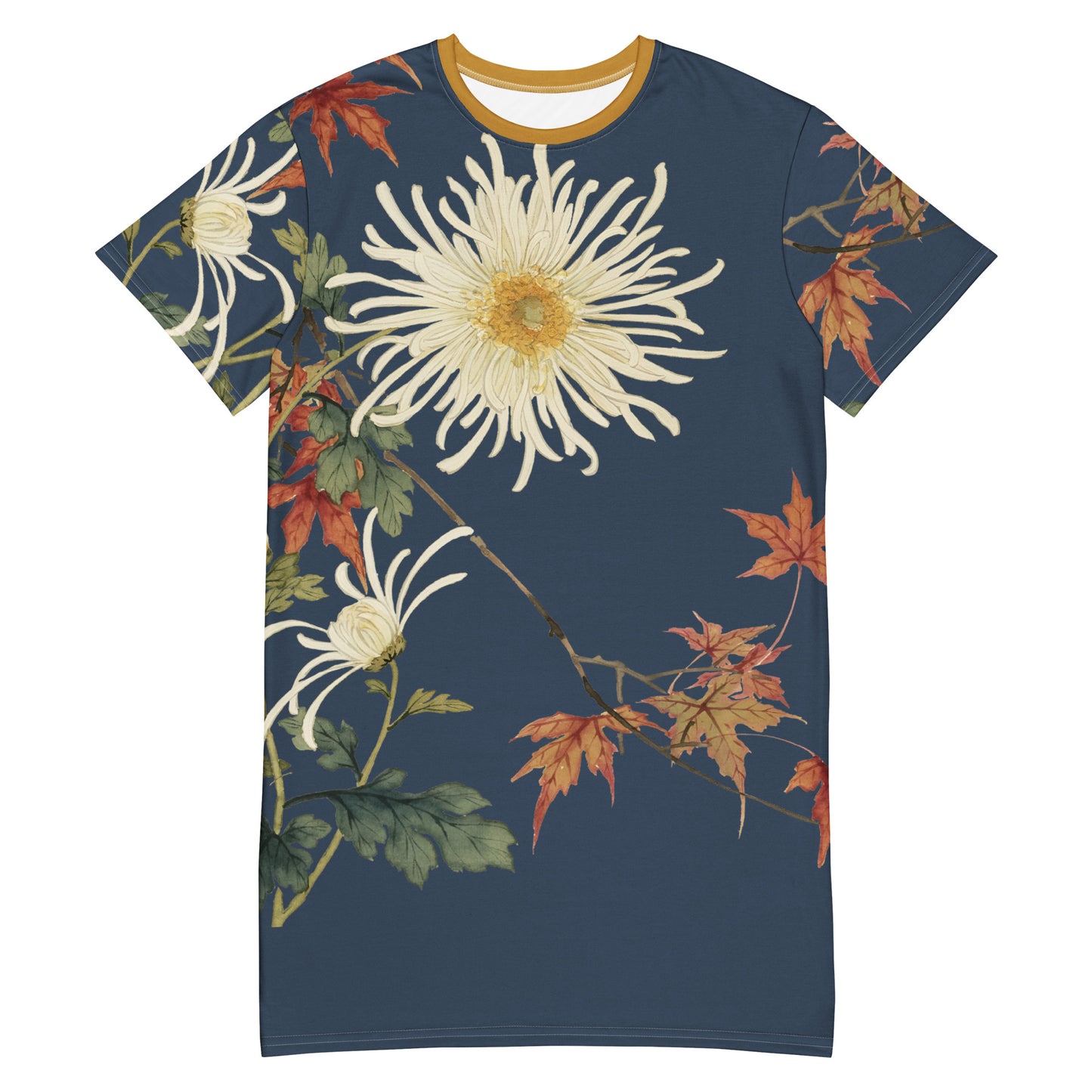 The Spirit of Flowers in Twelve Months｜Blooming Chrysanthemum and Maple Leaves｜T-shirt dress｜Dark blue