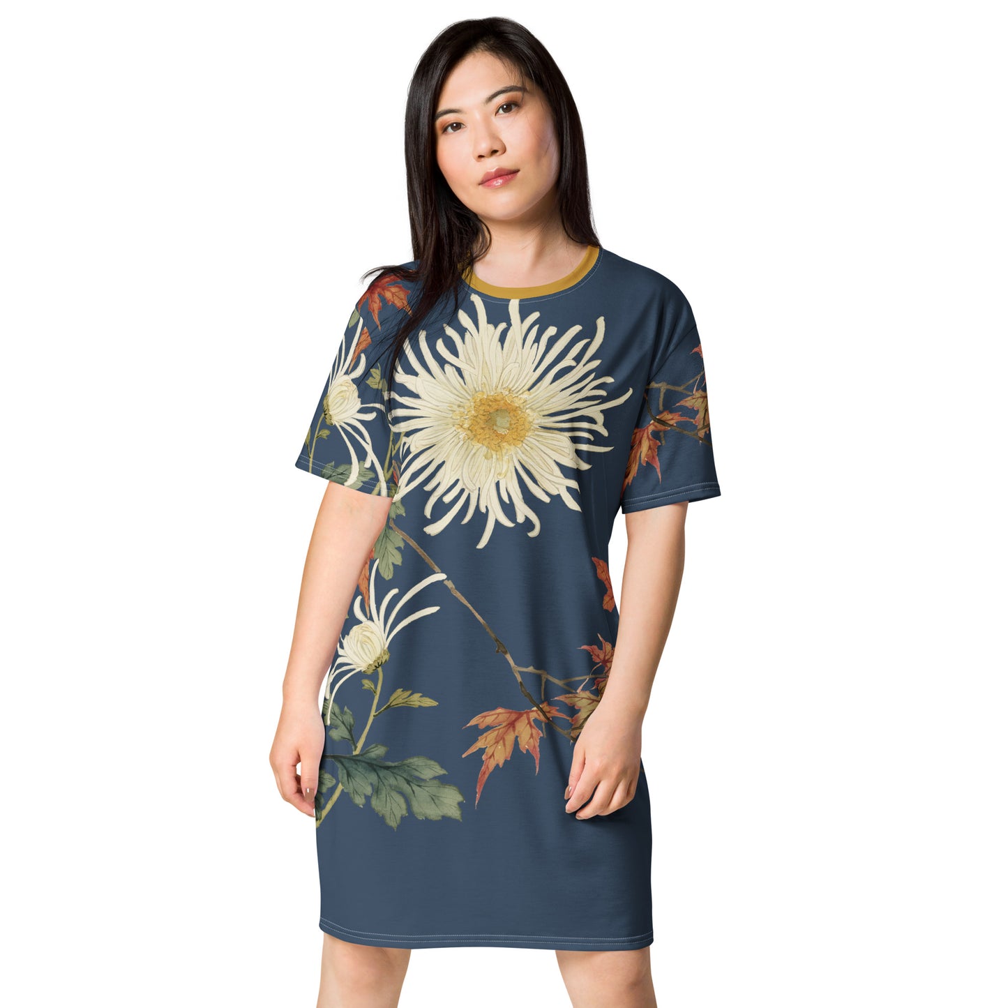 The Spirit of Flowers in Twelve Months｜Blooming Chrysanthemum and Maple Leaves｜T-shirt dress｜Dark blue