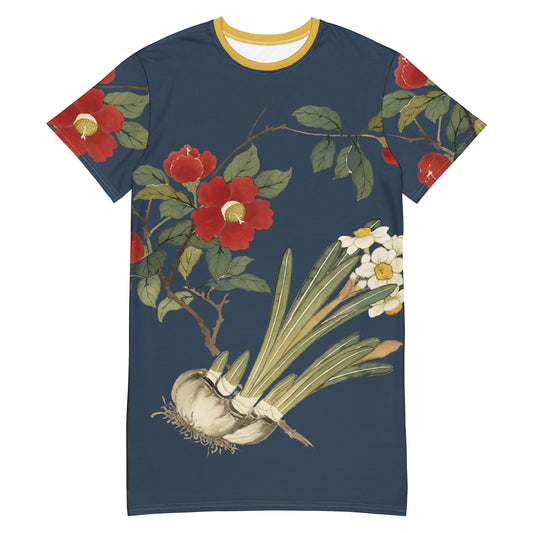 The Spirit of Flowers in Twelve Months｜Narcissus and Camelia in Bloom｜T-shirt dress｜Dark blue