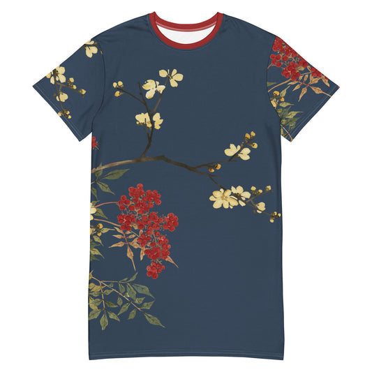 The Spirit of Flowers in Twelve Months｜Blooming Wintersweet and Heavenly Bamboo｜T-shirt dress｜Dark blue