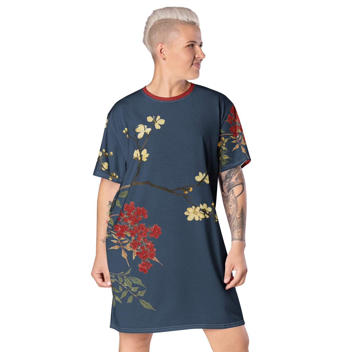 The Spirit of Flowers in Twelve Months｜Blooming Wintersweet and Heavenly Bamboo｜T-shirt dress｜Dark blue