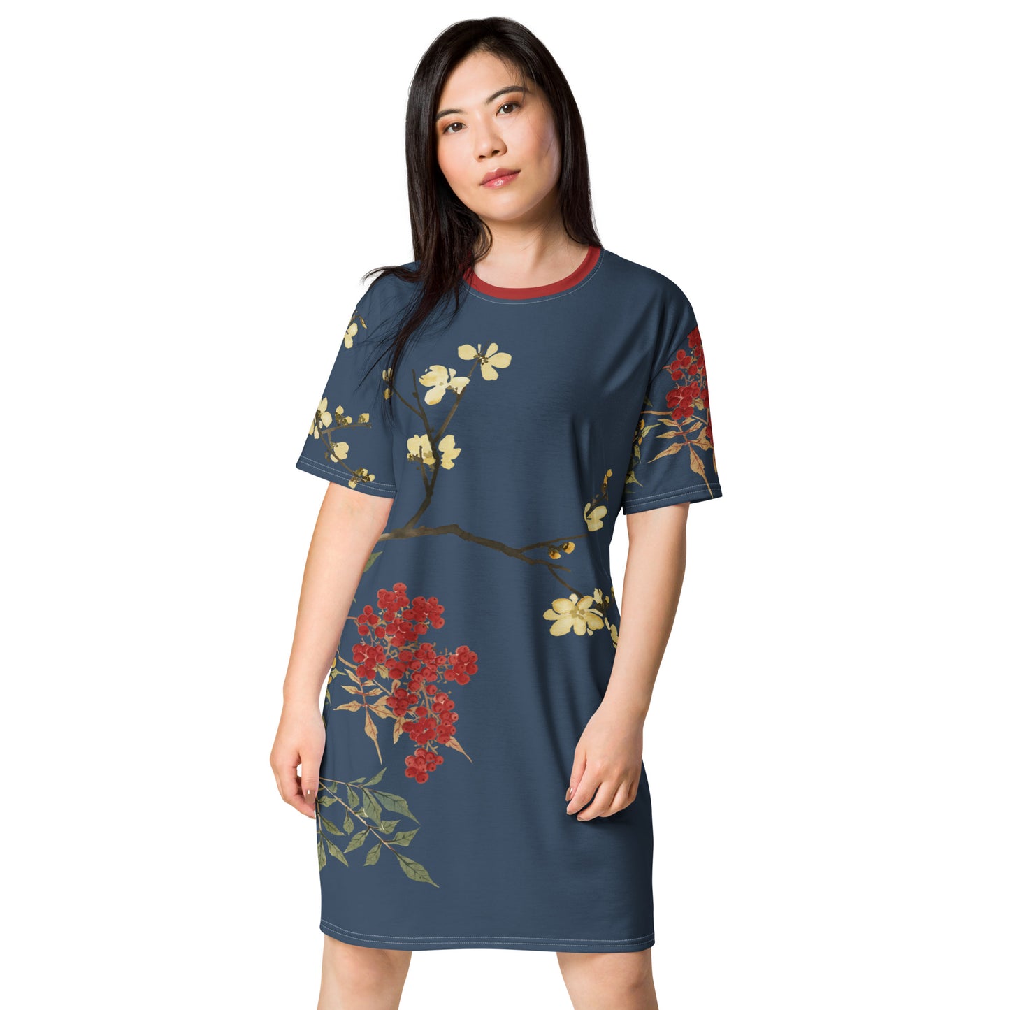 The Spirit of Flowers in Twelve Months｜Blooming Wintersweet and Heavenly Bamboo｜T-shirt dress｜Dark blue