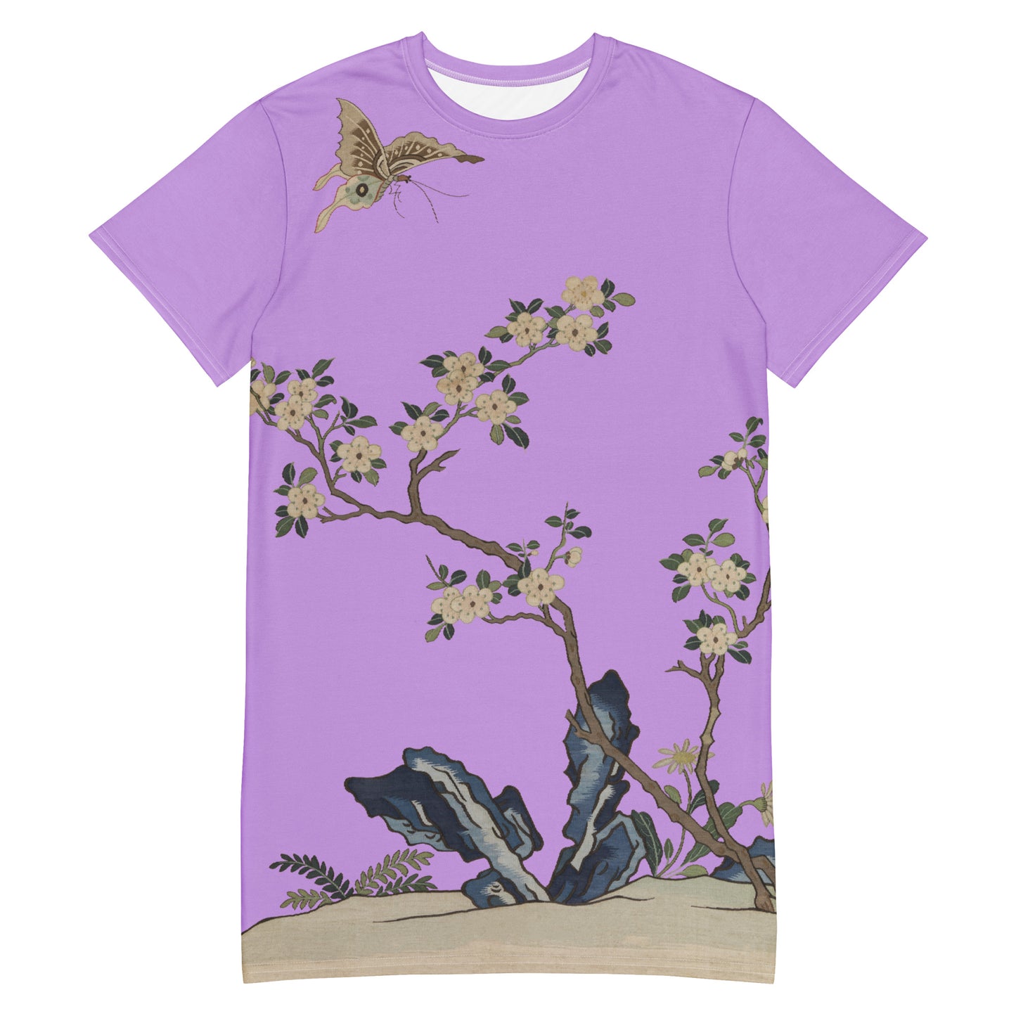 タペストリーの花｜白梅と蝶｜Tシャツドレス｜ライラック