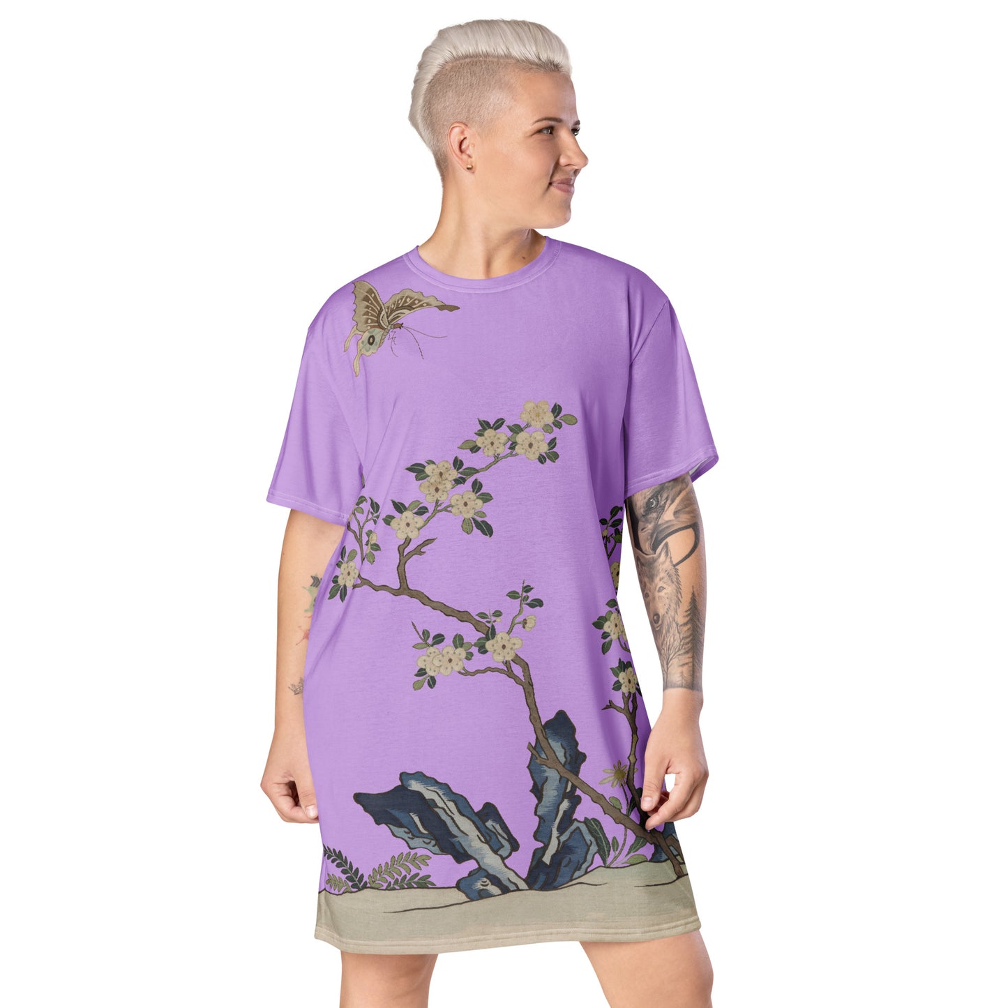 Kesi Flower Album｜White Plum Blossoms and Butterfly｜T-shirt dress｜Lilac