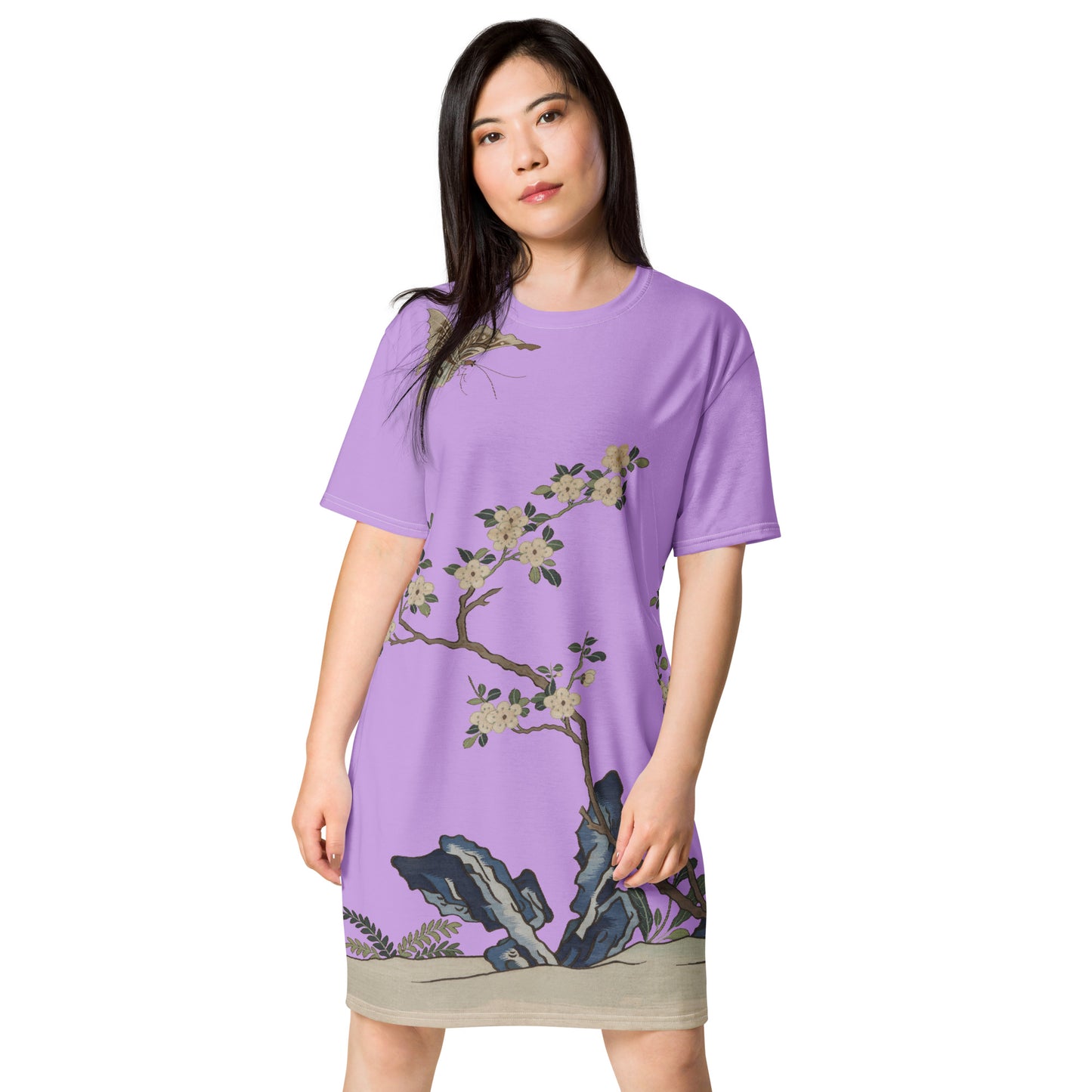 Kesi Flower Album｜White Plum Blossoms and Butterfly｜T-shirt dress｜Lilac