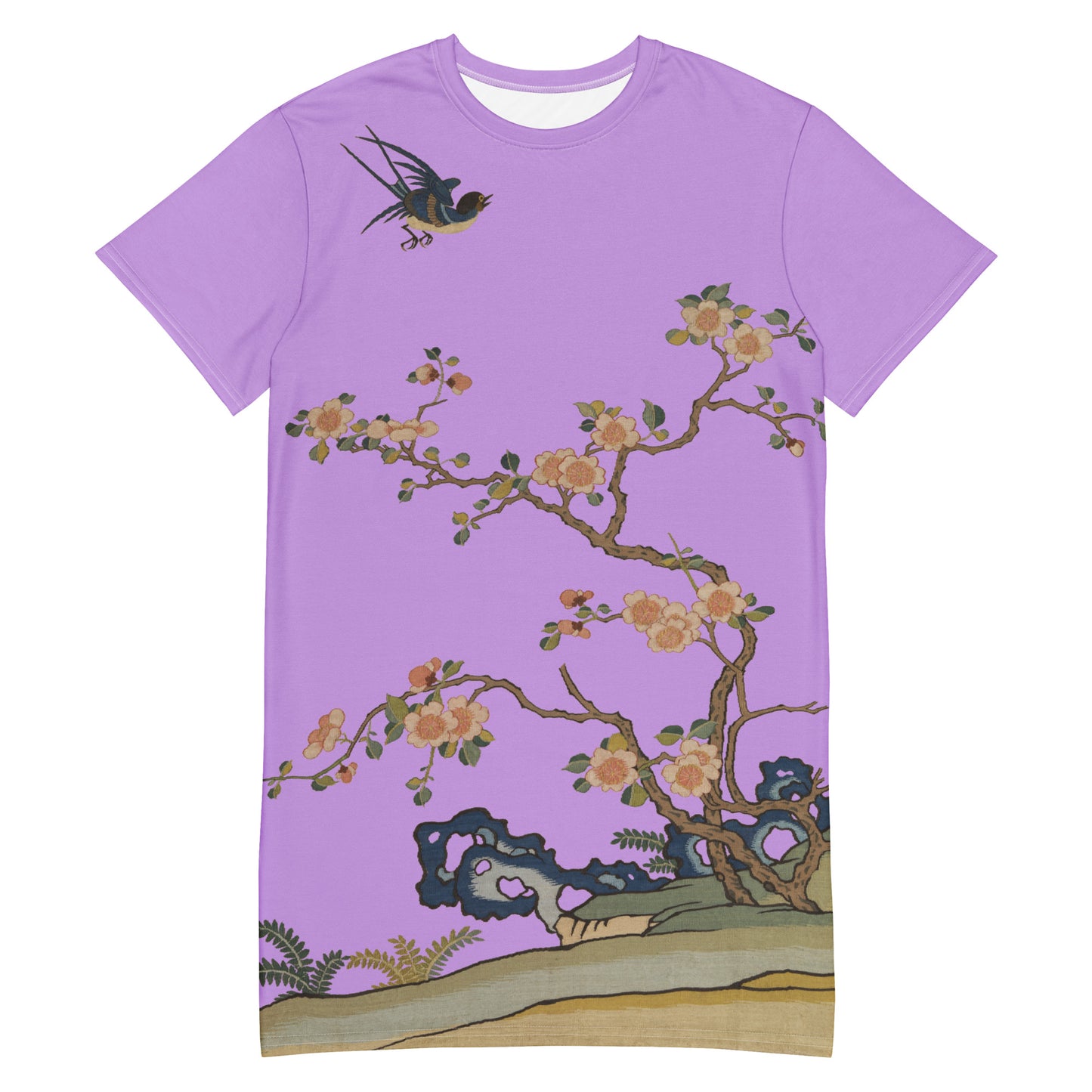 タペストリーの花｜飛行中のツバメ、春の前触れ｜Tシャツドレス｜ライラック