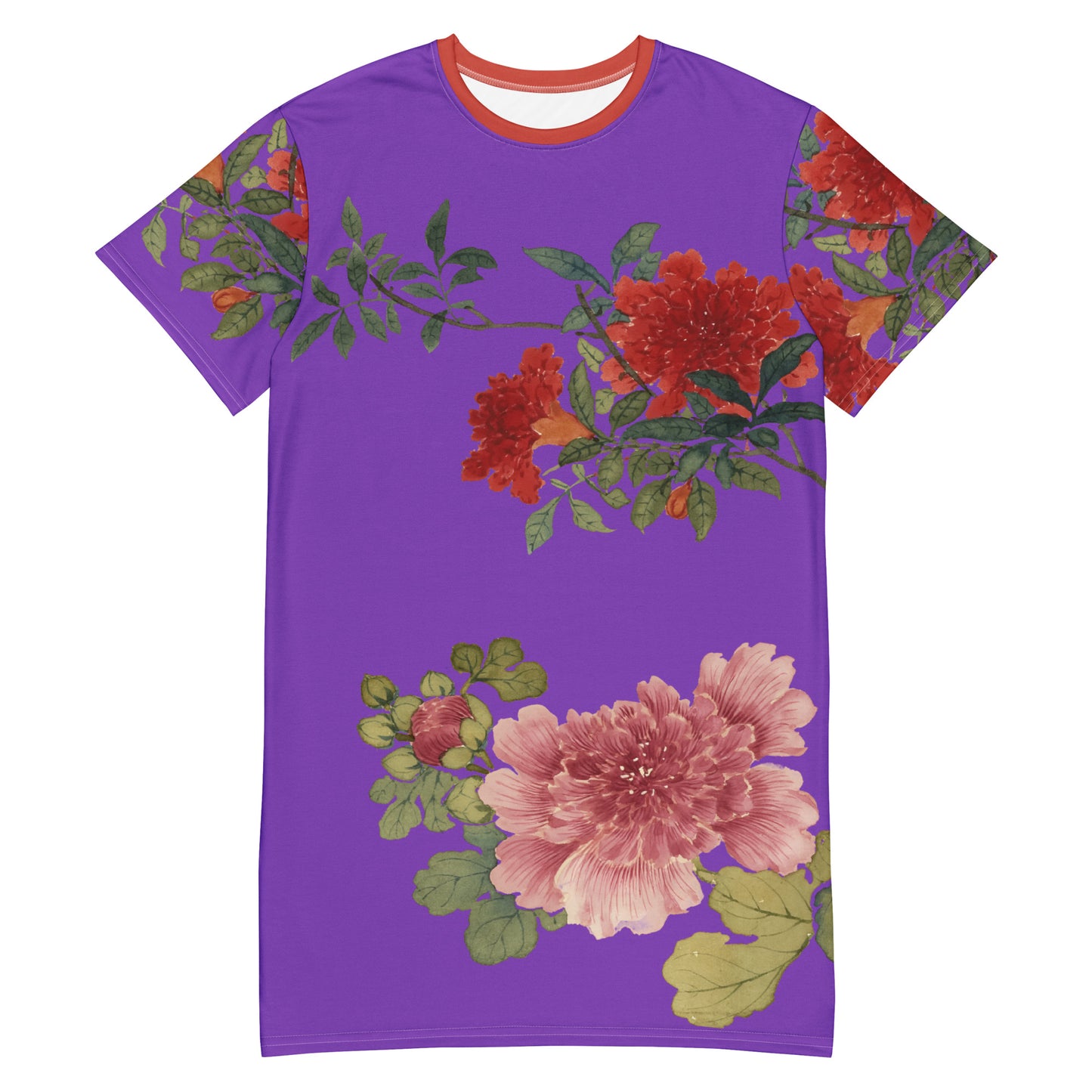 The Spirit of Flowers in Twelve Months｜Hollyhock and Pomegranate in Bloom｜T-shirt dress｜Purple