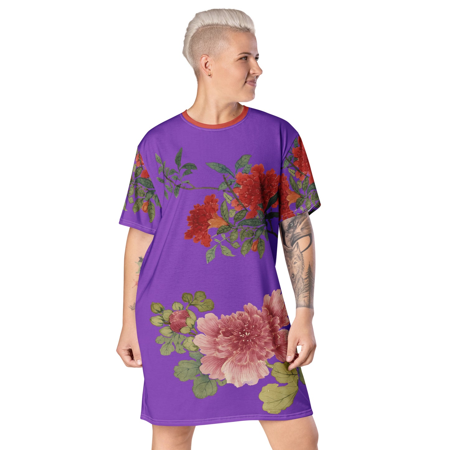 The Spirit of Flowers in Twelve Months｜Hollyhock and Pomegranate in Bloom｜T-shirt dress｜Purple